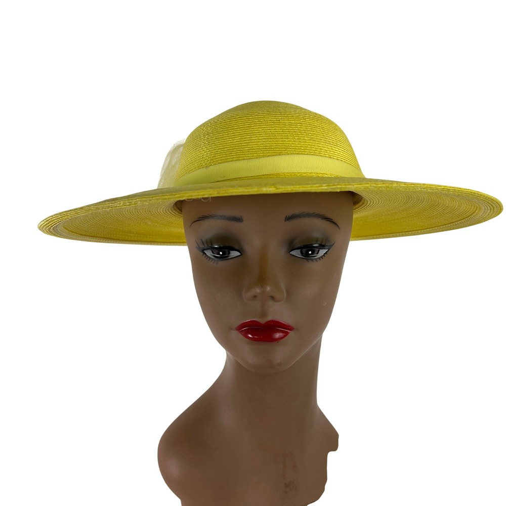 Vintage Yellow Wide Brim Kentucky Derby Straw Hat - Picture 4 of 5